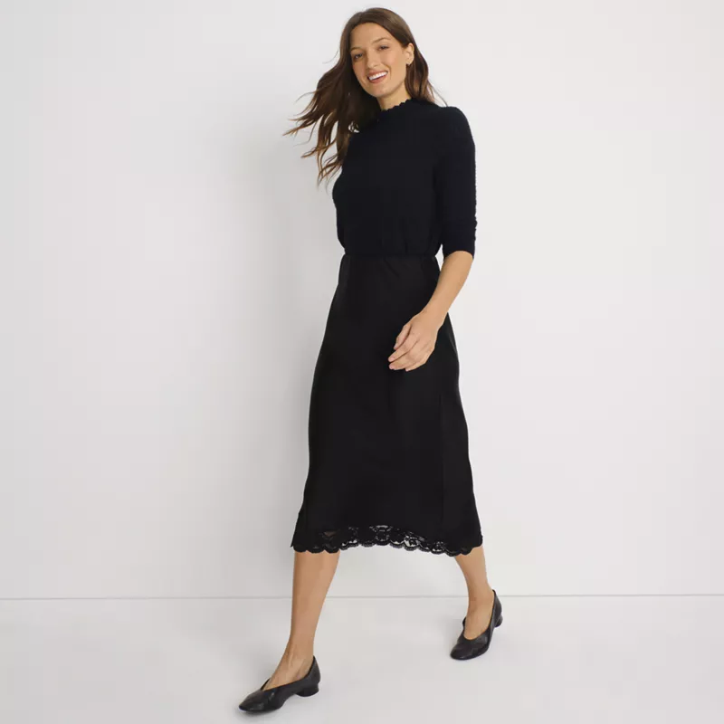 Women's Satin Lace Trim Midi Skirt, alternative image