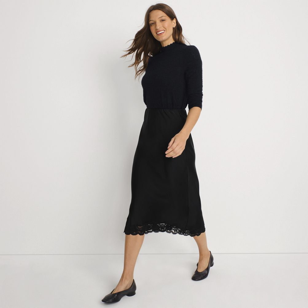 Women's Satin Lace Trim Midi Skirt | Lands' End