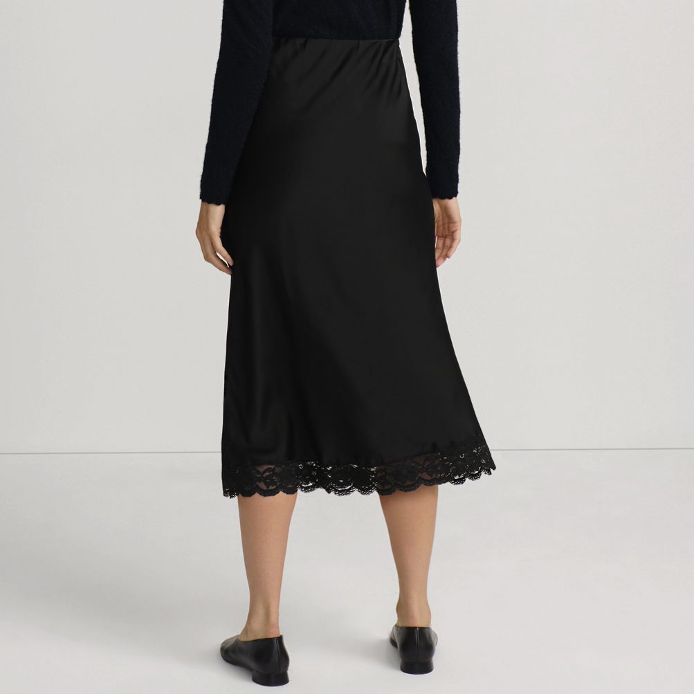 Women's Satin Lace Trim Midi Skirt | Lands' End