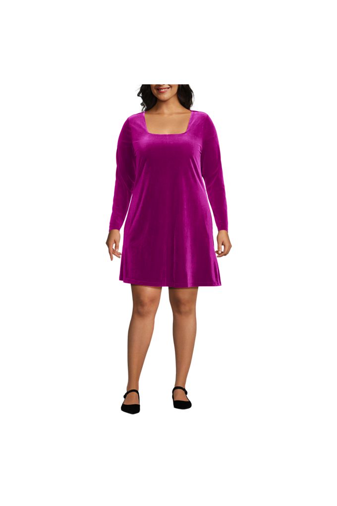 Women’s Plus Size Knit Velvet Square Neck Dress – Lands’ End – Pink – 2X