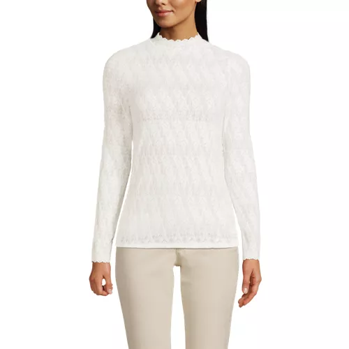 Women's Long Sleeve Brushed Lace Mock Neck Top, Front
