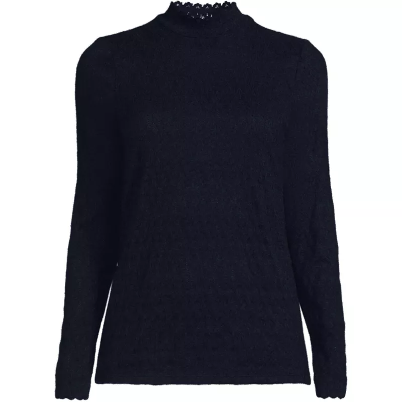 Women's Long Sleeve Brushed Lace Mock Neck Top, Front