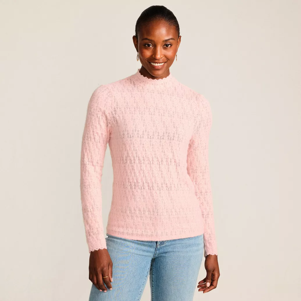 Women's Long Sleeve Brushed Lace Mock Neck Top