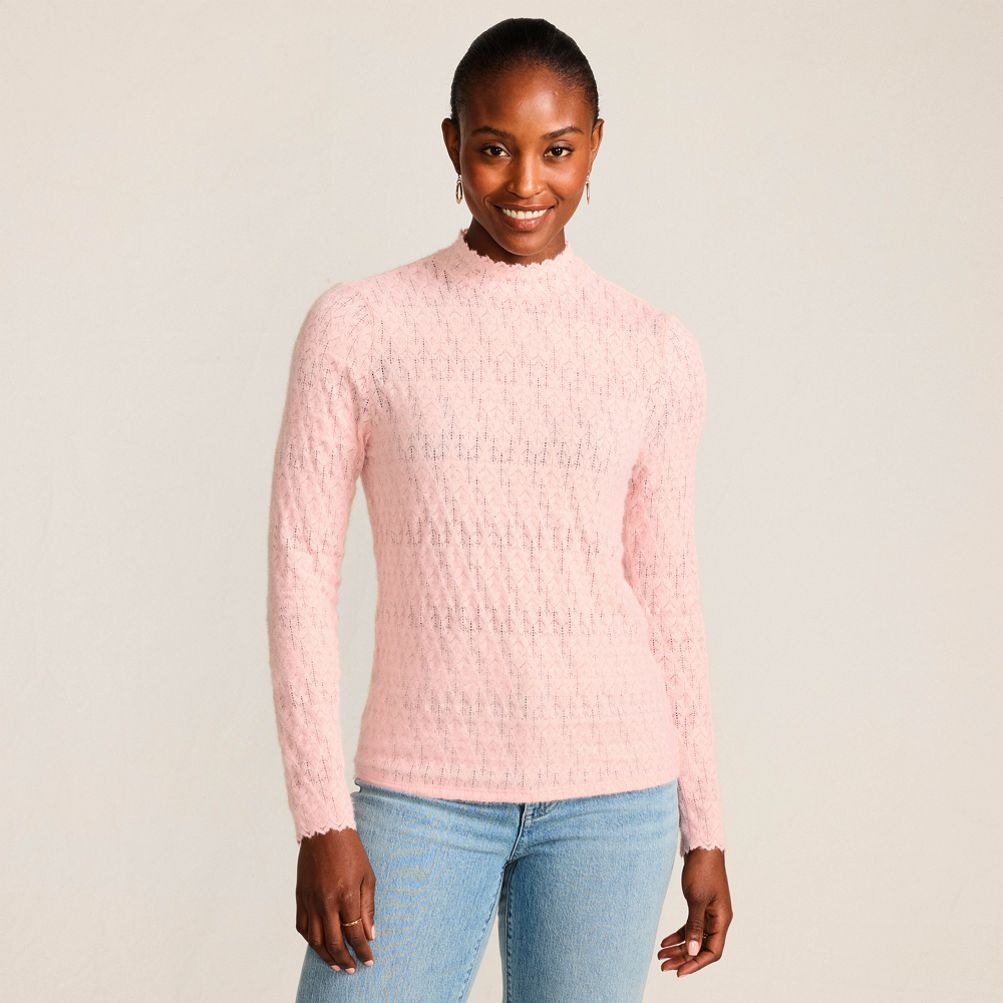 Women's Long Sleeve Brushed Lace Mock Neck Top | Lands' End