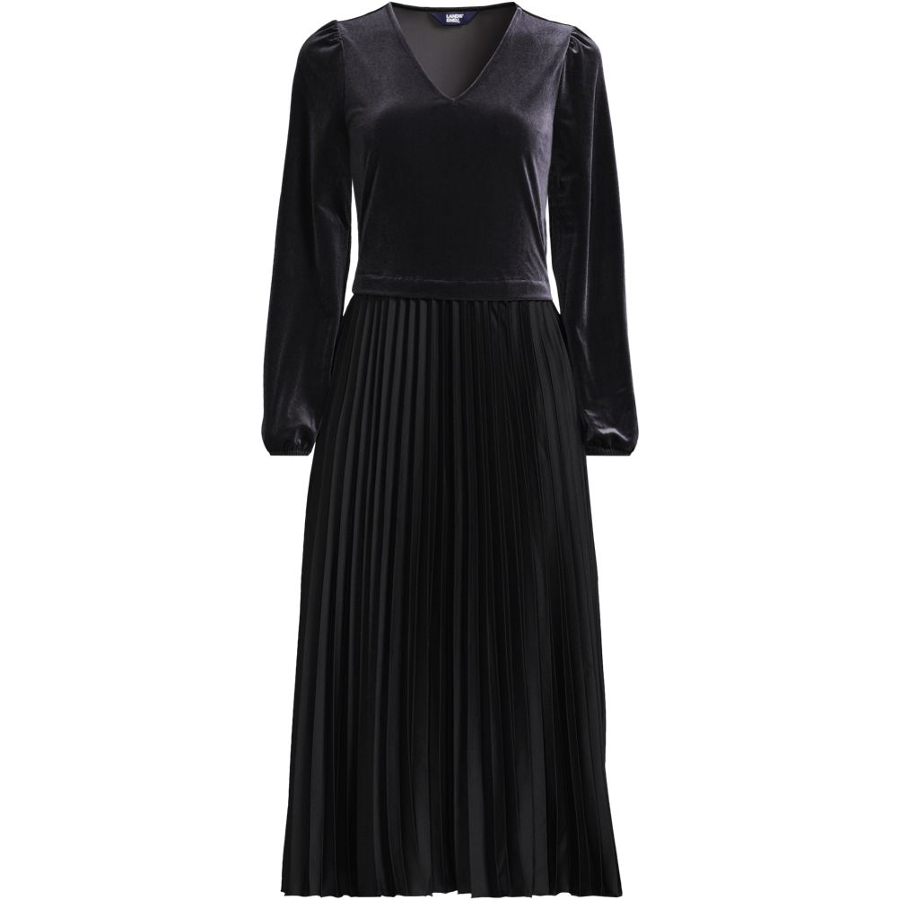knee length dresses for ladies Clémence Black Velvet-Panel Pleated Midi Dress, L / Black main image 1