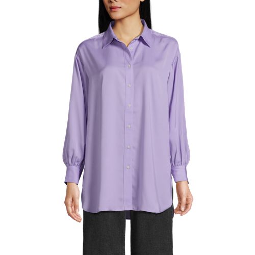 Women's Long Sleeve Oversized Satin Buttondown Tunic, Front