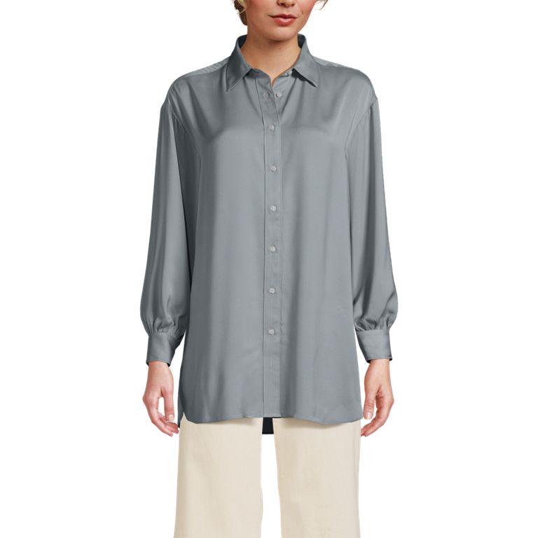 Women's Long Sleeve Oversized Satin Buttondown Tunic