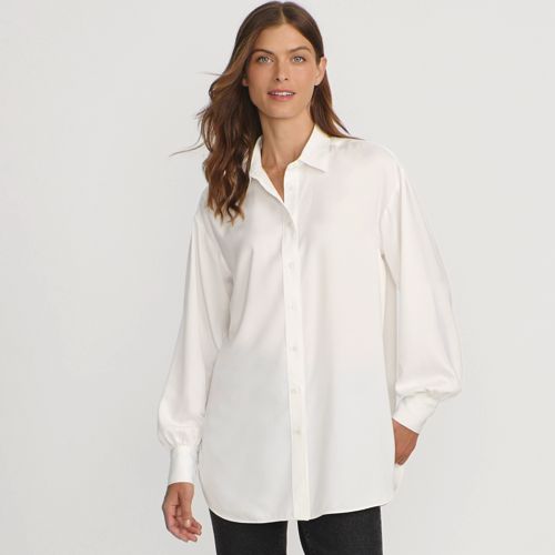 Women's Long Sleeve Oversized Satin Buttondown Tunic, Front