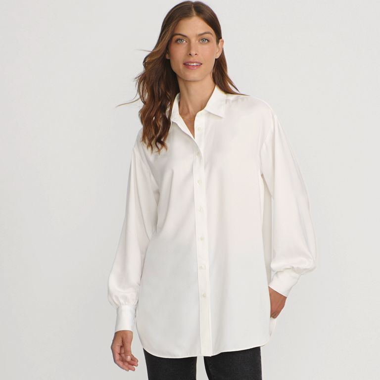 Women's Long Sleeve Oversized Satin Buttondown Tunic