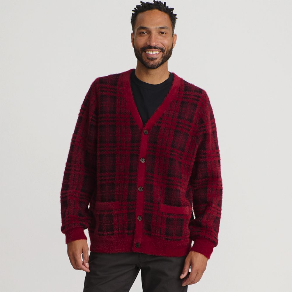 Red plaid cardigan sales