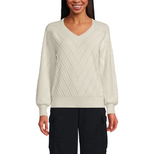  Lands' End Ajourpullover Mit V-ausschnitt, Damen, Größe:32-34 Regular, Weiß, Baumwolle/nylon/baumwoll-mischung, By Lands' End 