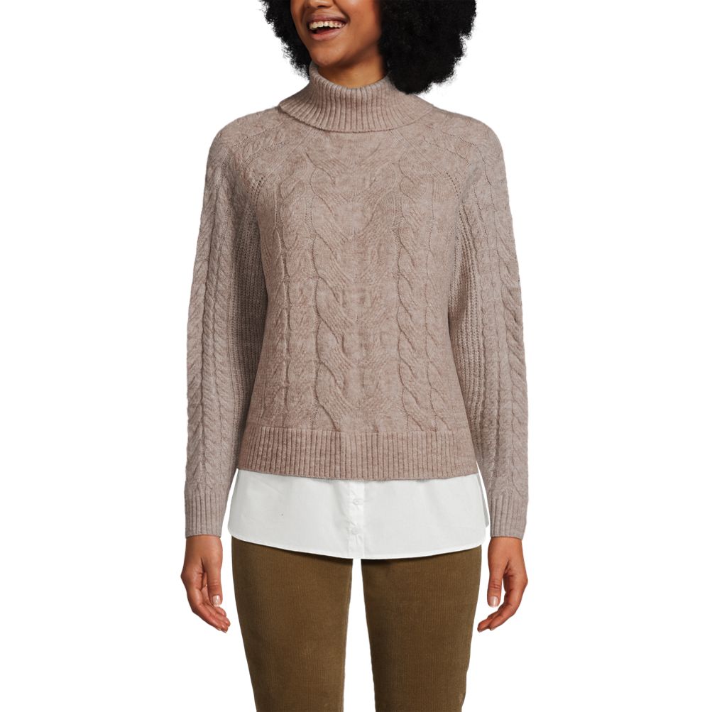 Women's Cable Turtleneck with Mock Shirt Detail Sweater | Lands' End