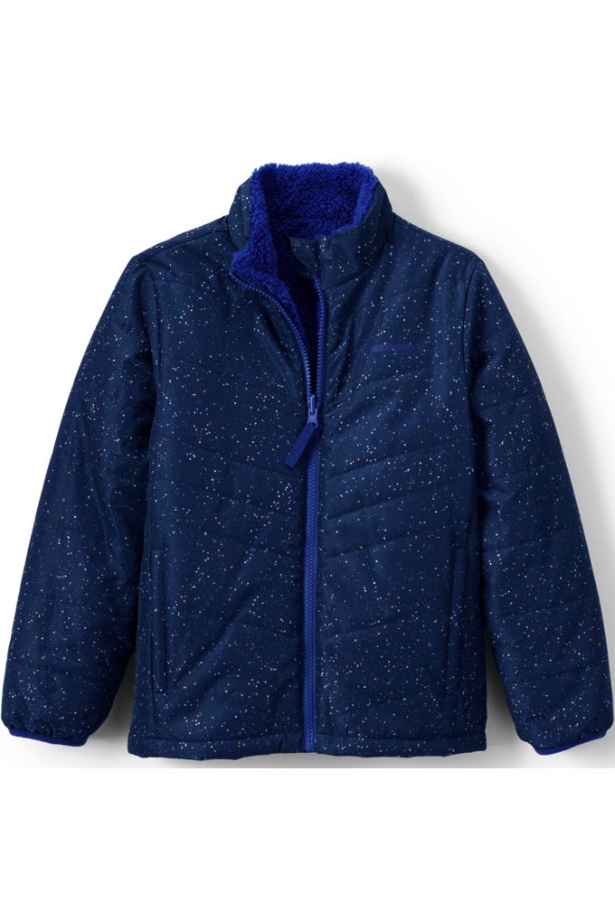 Girls Reversible Fleece Puffer Jacket - Lands' End - Blue - L
