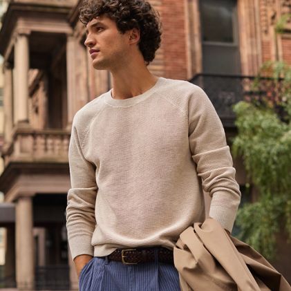 Men's Long Sleeve Cotton Cashmere Waffle Sweater - primary