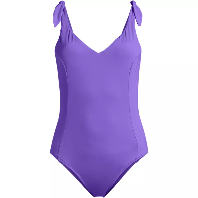 Women's Chorine Resistant Tie Shoulder V-neck High Leg One Piece Swimsuit, Front