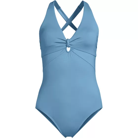 Women's Chlorine Resistant Knot Front V-neck High Leg One Piece Swimsuit - primary