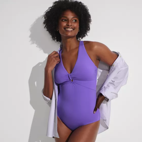 Women's Chlorine Resistant Knot Front V-neck High Leg One Piece Swimsuit - primary