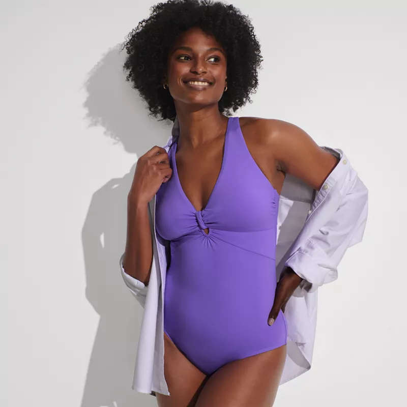 Women's Knot Front V-neck High Leg One Piece Swimsuit, alternative image