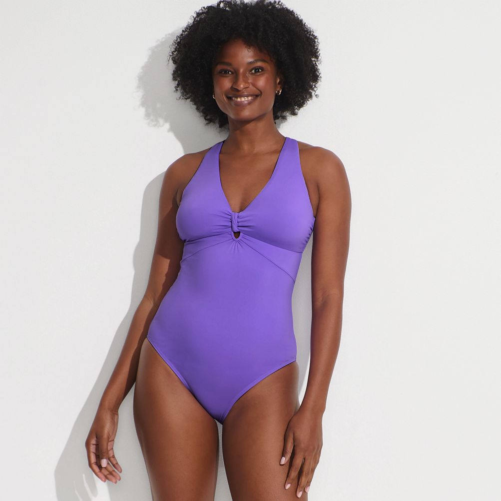 Women's Knot Front V-neck High Leg One Piece Swimsuit