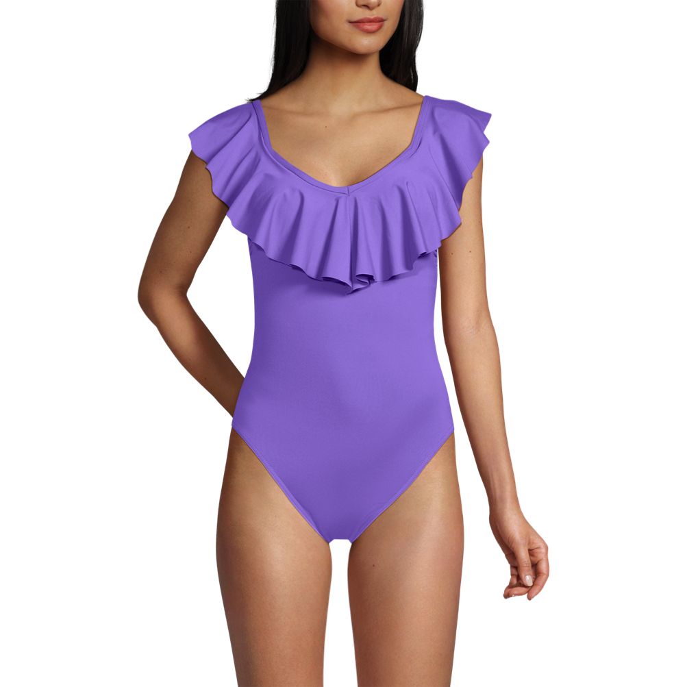 Women s Ruffle V neck High Leg One Piece Swimsuit Lands End