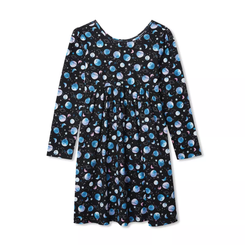 Girls Long Sleeve Gathered Waist Jersey Dress, alternative image