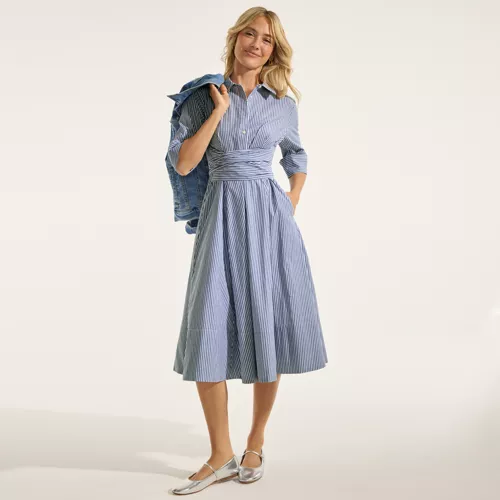 Women's Poplin Midi Wrap Front Dress, blue pinstripe
