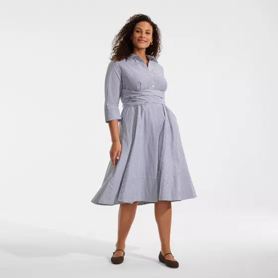 Women's Plus Size Poplin Midi Wrap Front Dress - primary