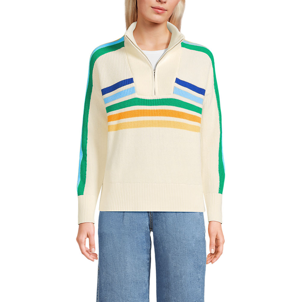 Women's Drifter Quarter Zip Intarsia Sleeve Sweater | Lands' End Women's Drifter Quarter Zip Intarsia Sleeve Sweater | Lands' End
