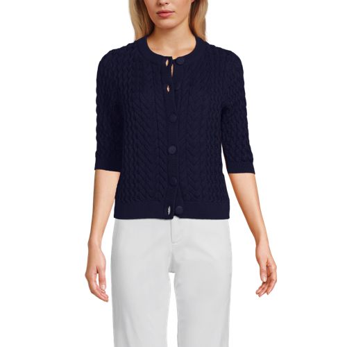  Lands' End Baumwoll-zopfmustercardigan Mit 3/4-ärmeln, Damen, Größe:40-42 Regular, Blau, Baumwolle, By Lands' End 