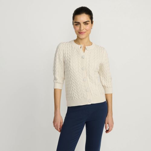 Lands' End Baumwoll-zopfmustercardigan Mit 3/4-ärmeln, Damen, Größe:44-46 Regular, Weiß, Baumwolle, By Lands' End 