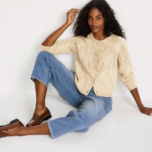  Lands' End Cardigan Mit Ajourstrick, Damen, Größe:40-42 Regular, Beige, Polyacryl/woll-mischung/polyester-mischung, By Lands' End 
