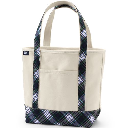 Medium Natural-Plaid 5 Pocket Open Top Canvas Tote Bag, Front