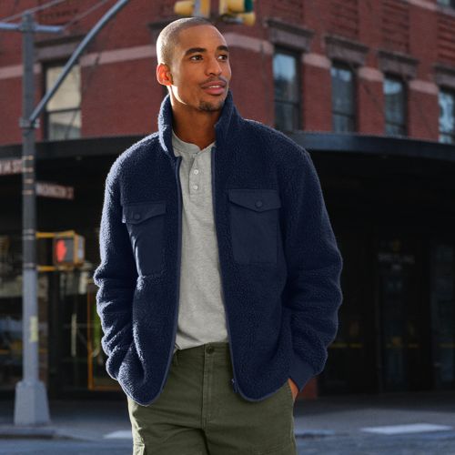 Borg Fleece Zip Front Shacket, Men, size: M, regular, Blue, Polyester, by Lands' End