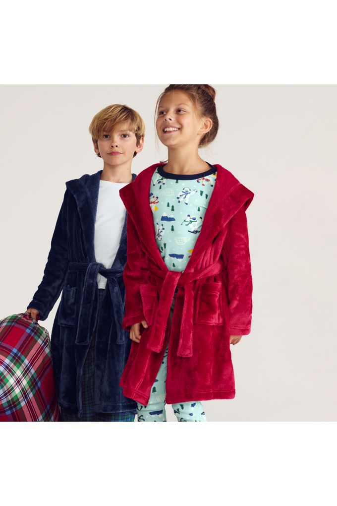 Kids Fleece Hooded Robe - Lands' End - Red - 14