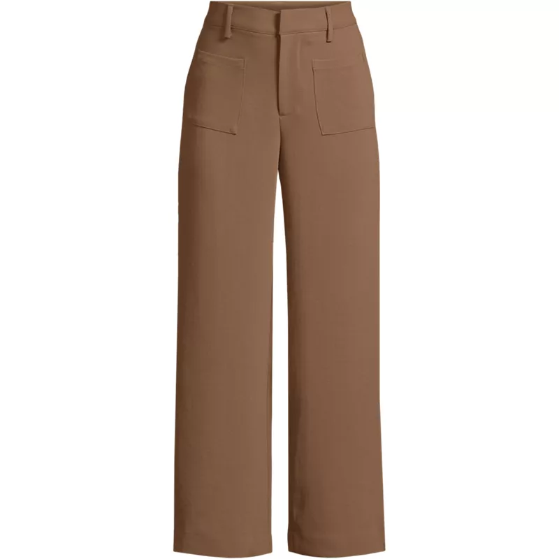 Women's Crepe High Rise Patch Pocket Wide Leg Crop Pants, Front
