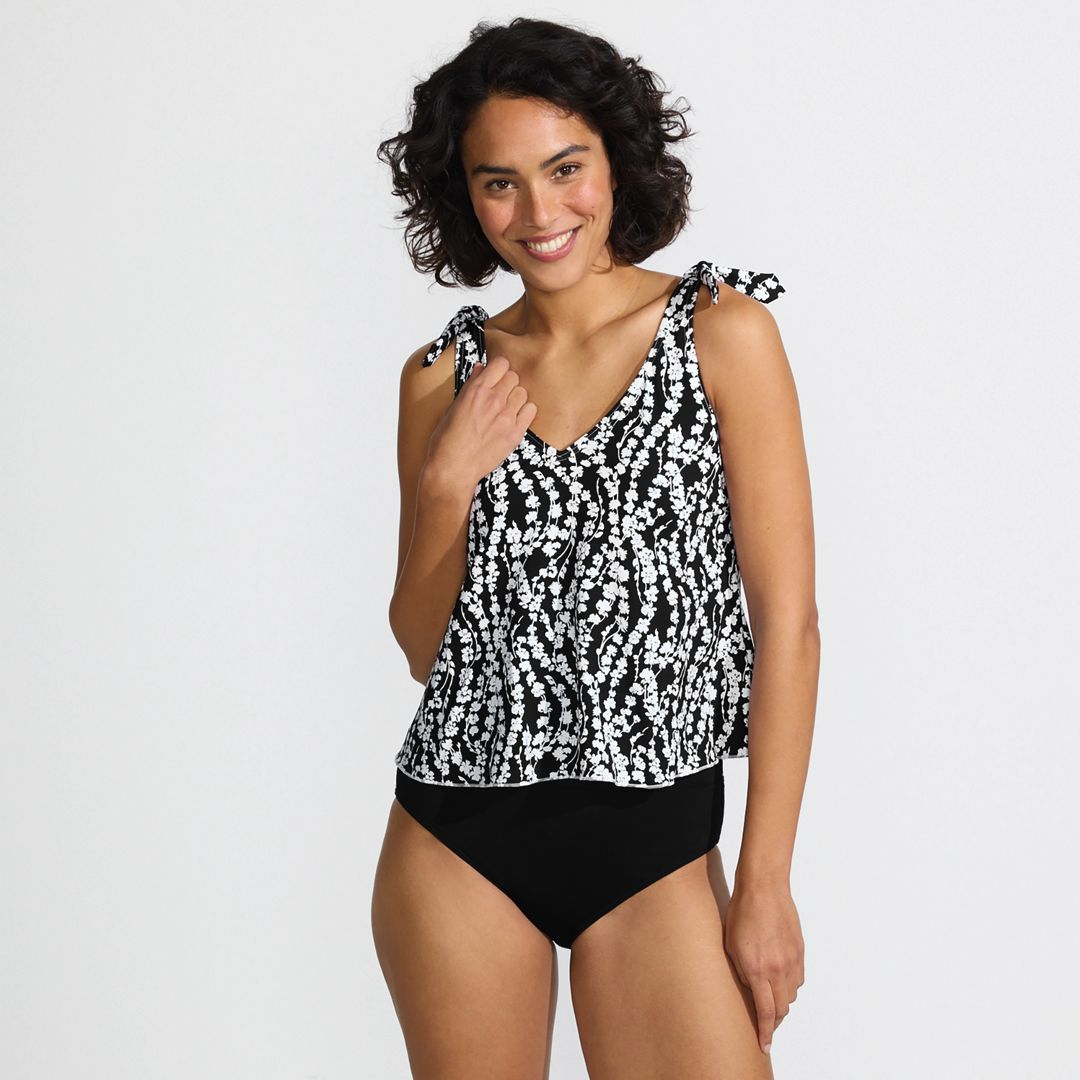 Women's Chlorine Resistant V-neck Shoulder Tie Flutter Tankini Swimsuit Top