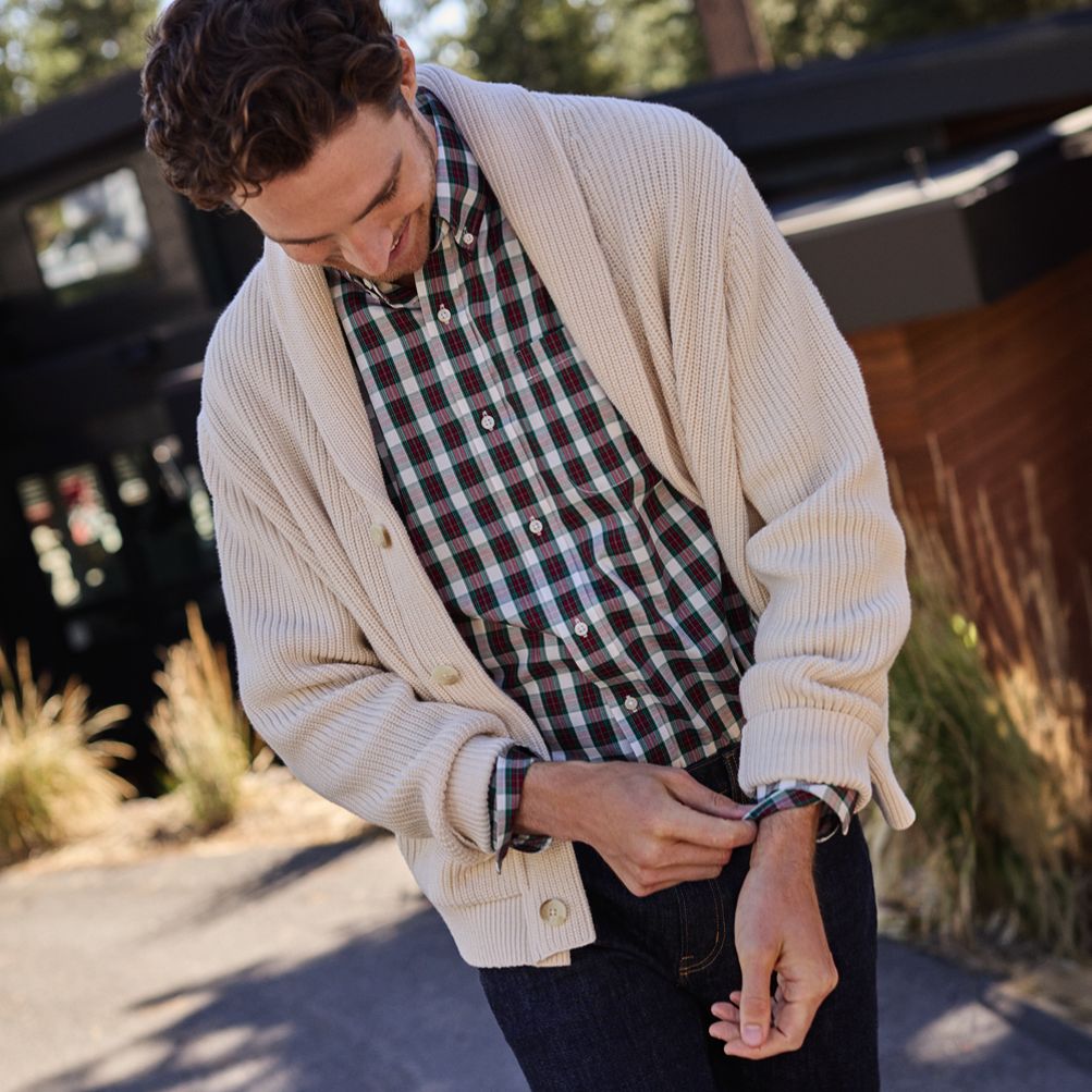 Men's Long Sleeve Cotton Blend Shaker Cardigan | Lands' End