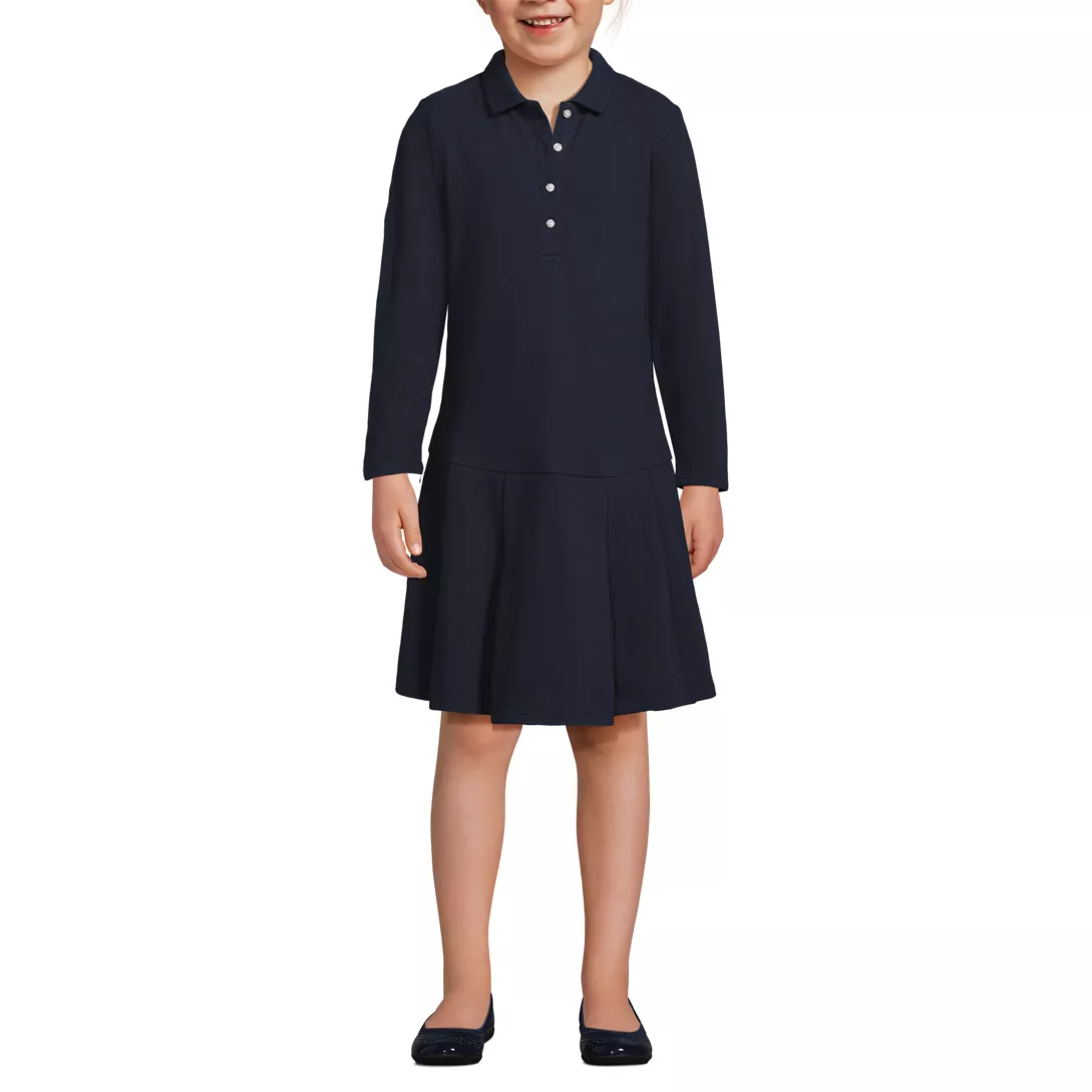 School Uniform Girls Long Sleeve Mesh Pleated Polo Dress