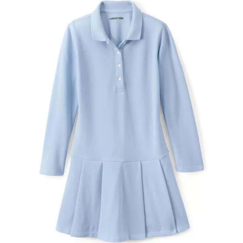 Girls Long Sleeve Mesh Pleated Polo Dress, Front