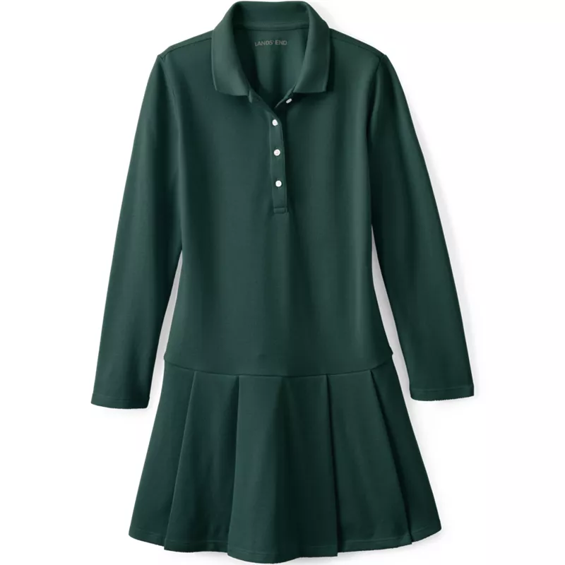 Girls Long Sleeve Mesh Pleated Polo Dress, Front