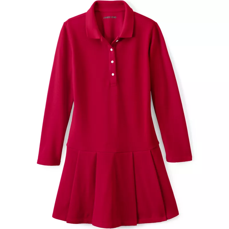 Girls Long Sleeve Mesh Pleated Polo Dress, Front
