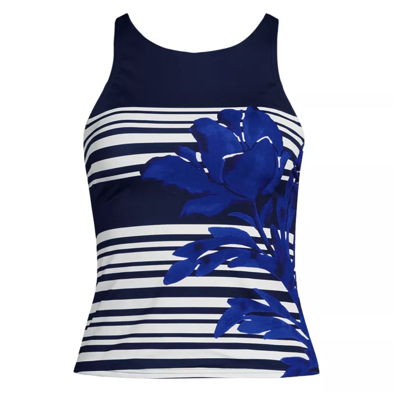 Women's Petite Tugless High Neck Strappy Back Tankini Swimsuit Top, Front