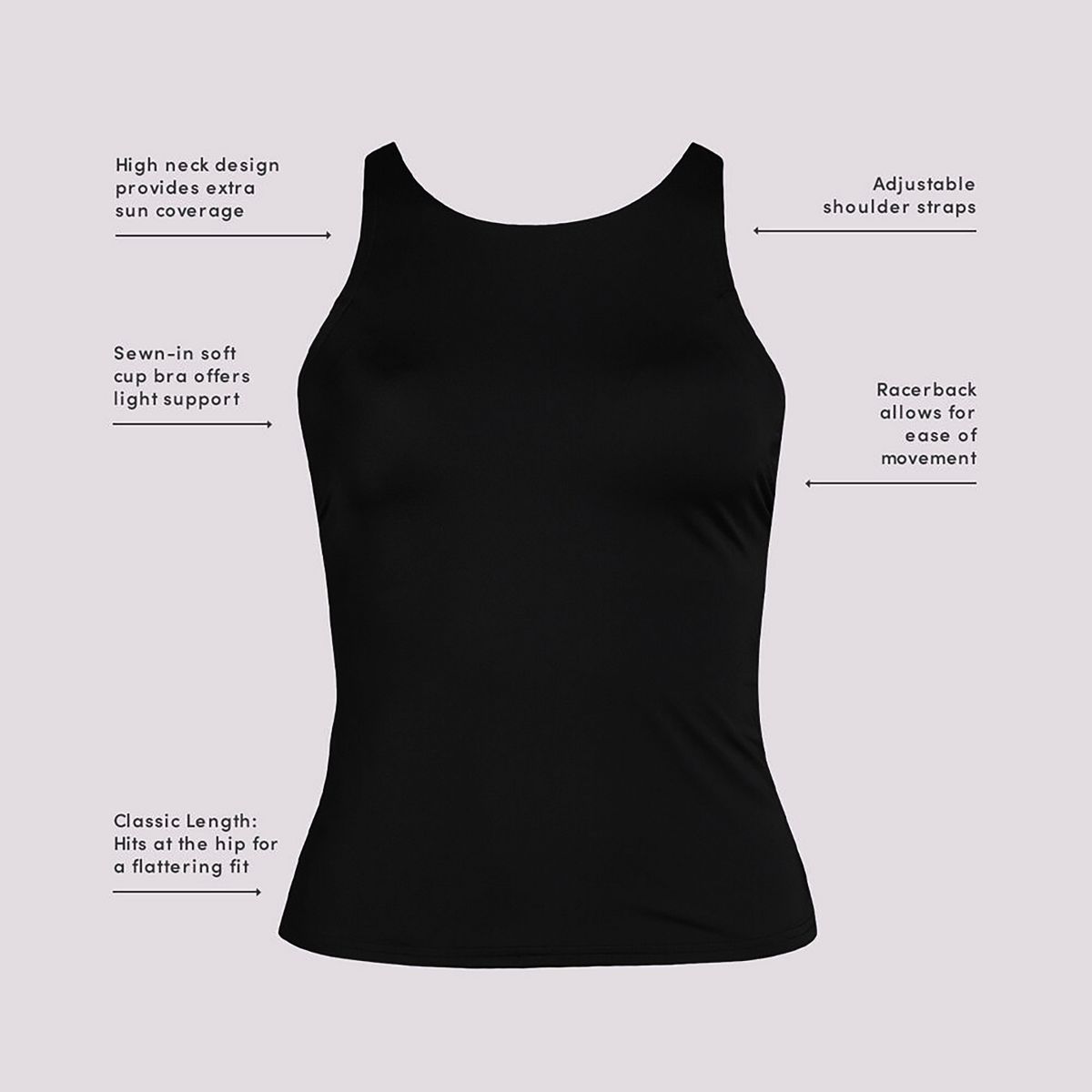 Women's Tugless High Neck Strappy Back Tankini Swimsuit Top