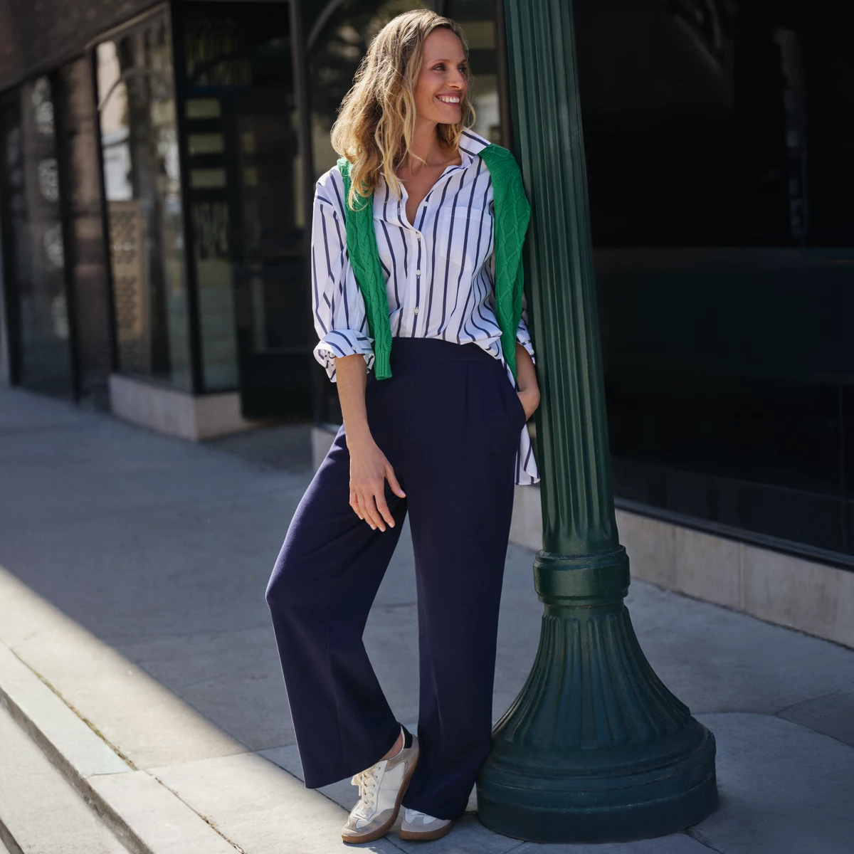 Women's Tall Sport Knit High Rise Pleated Wide Leg Pants — Radiant Navy by Lands' End