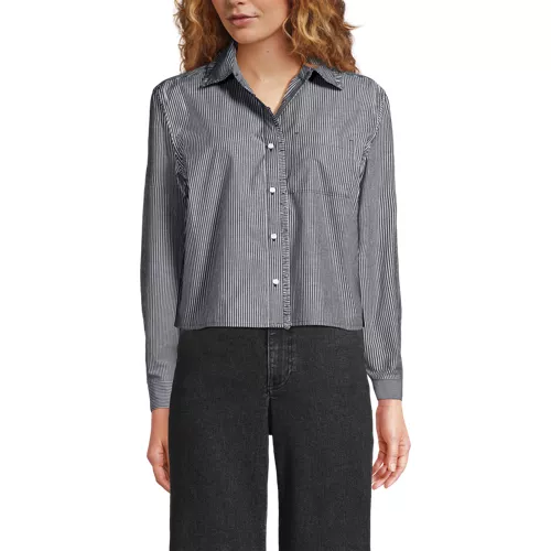 Women's Poplin Ruffle Button Front Cropped Shirt, Front