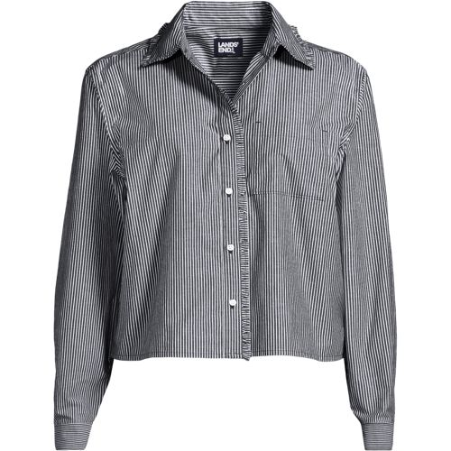 Women's Poplin Ruffle Button Front Cropped Shirt, Front
