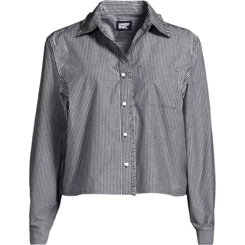 Women's Poplin Ruffle Button Front Cropped Shirt, Front