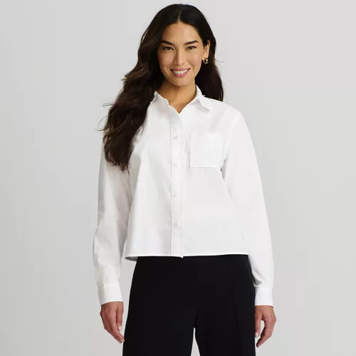 Women's Poplin Ruffle Button Front Cropped Shirt, Front
