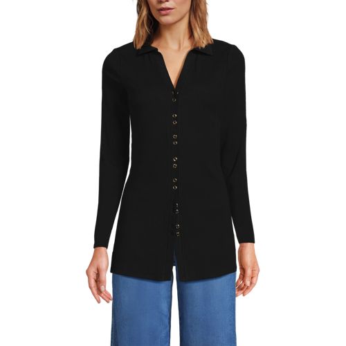 Women's Long Sleeve Polished Rib Button Through Tunic Shirt, Front