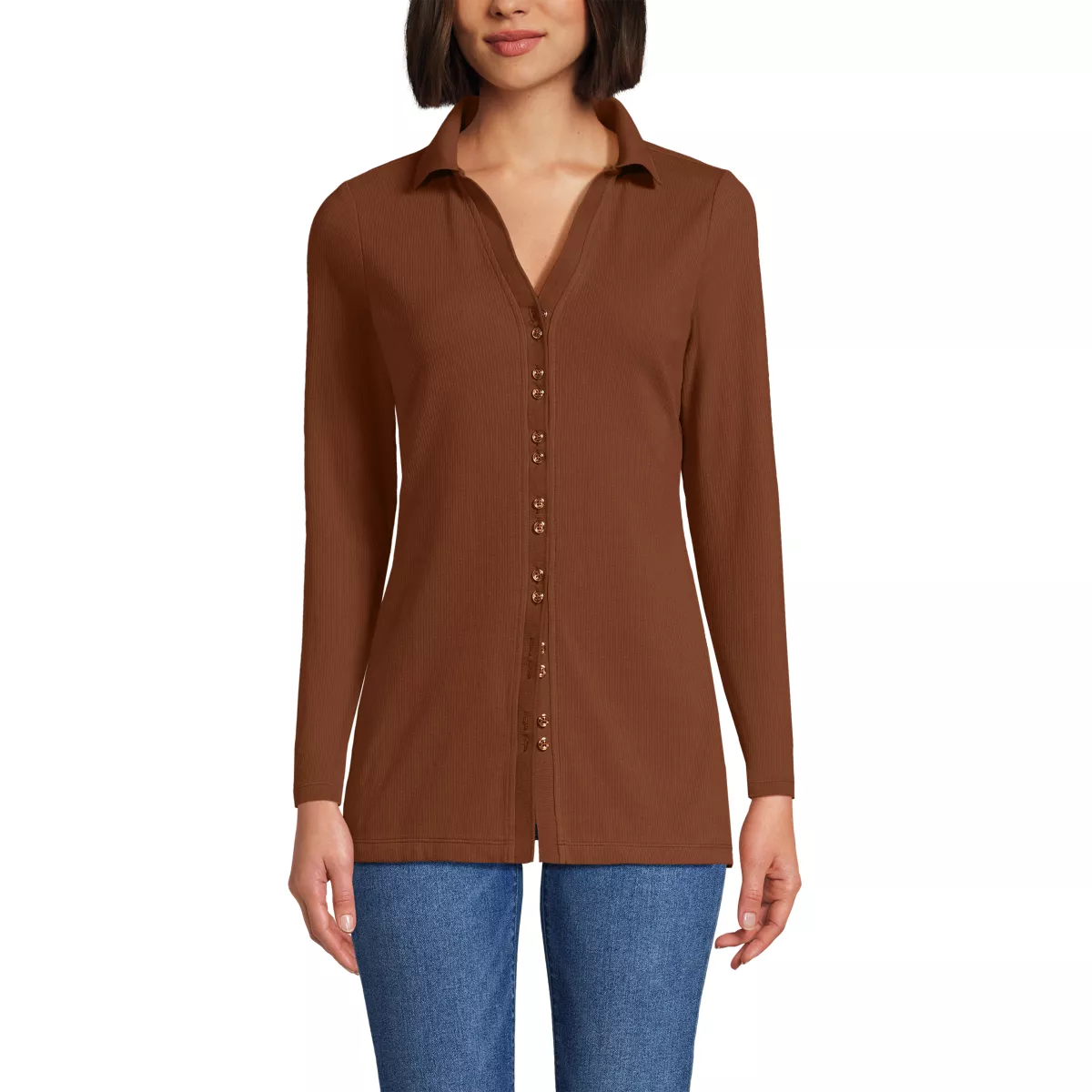 Women's Long Sleeve Polished Rib Button Through Tunic Shirt